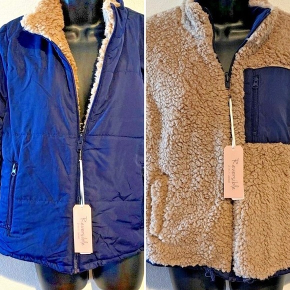 Forever 21 Teddy bear faux fur shearling reversible blue nylon jacket po… - Picture 1 of 9